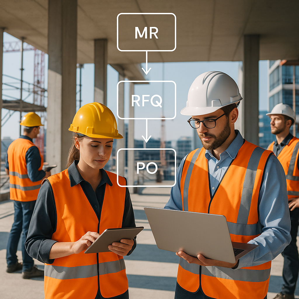 A modern construction site with workers and engineers using tablets and laptops, overlaid with a clean workflow diagram...