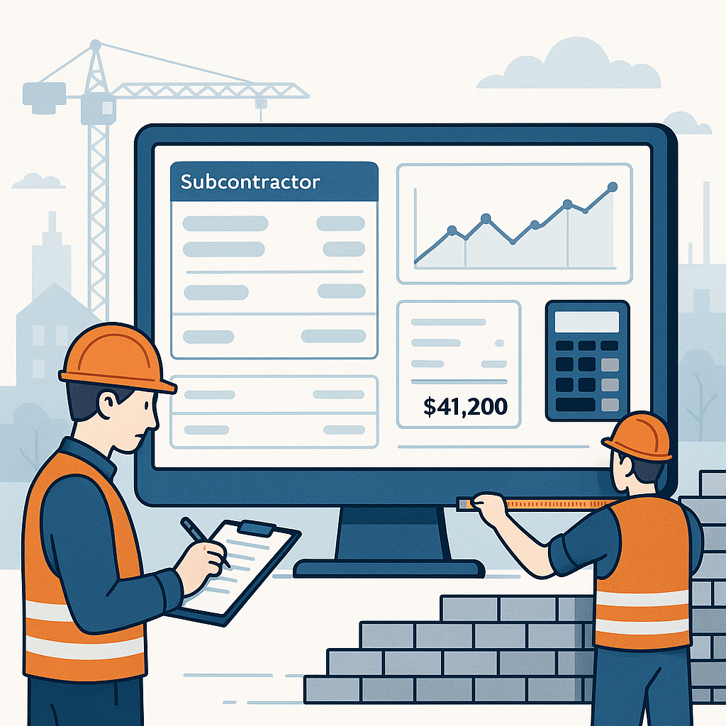 A detailed illustration showing subcontractor payment workflows on a construction ERP dashboard, with site supervisors r...