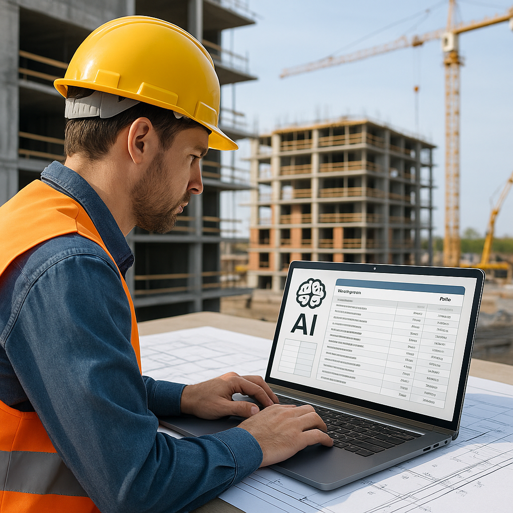 A realistic illustration of a construction estimator using an AI-powered tool on a laptop, with a large digital catalog...