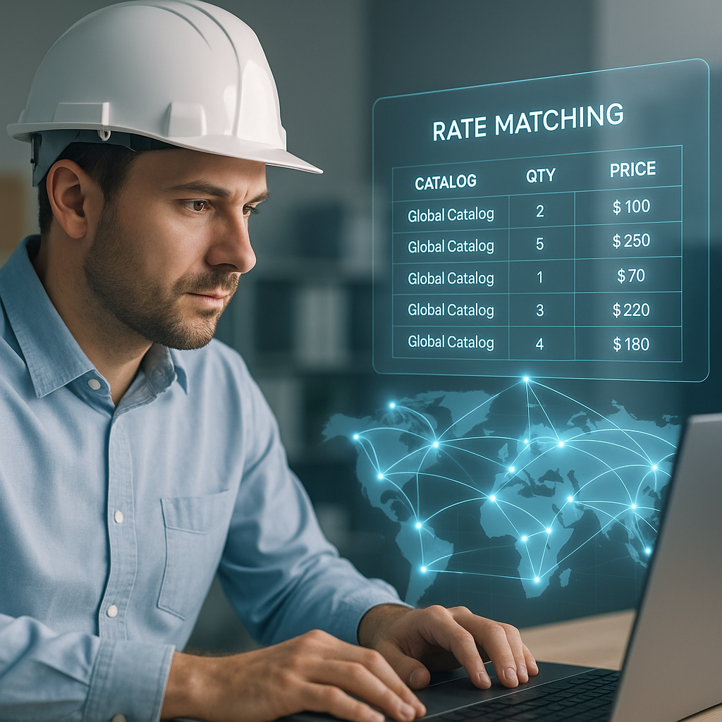 A construction estimator looking at a computer screen, with a digital overlay showing rate matching results and glowing...