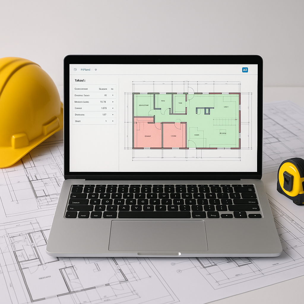 A realistic construction estimation scene featuring a laptop displaying AI takeoff software, surrounded by blueprints, a...