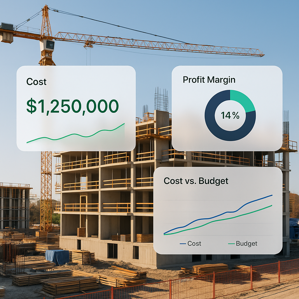 A construction project site with a live digital dashboard overlay showing real-time cost tracking and profitability metr...