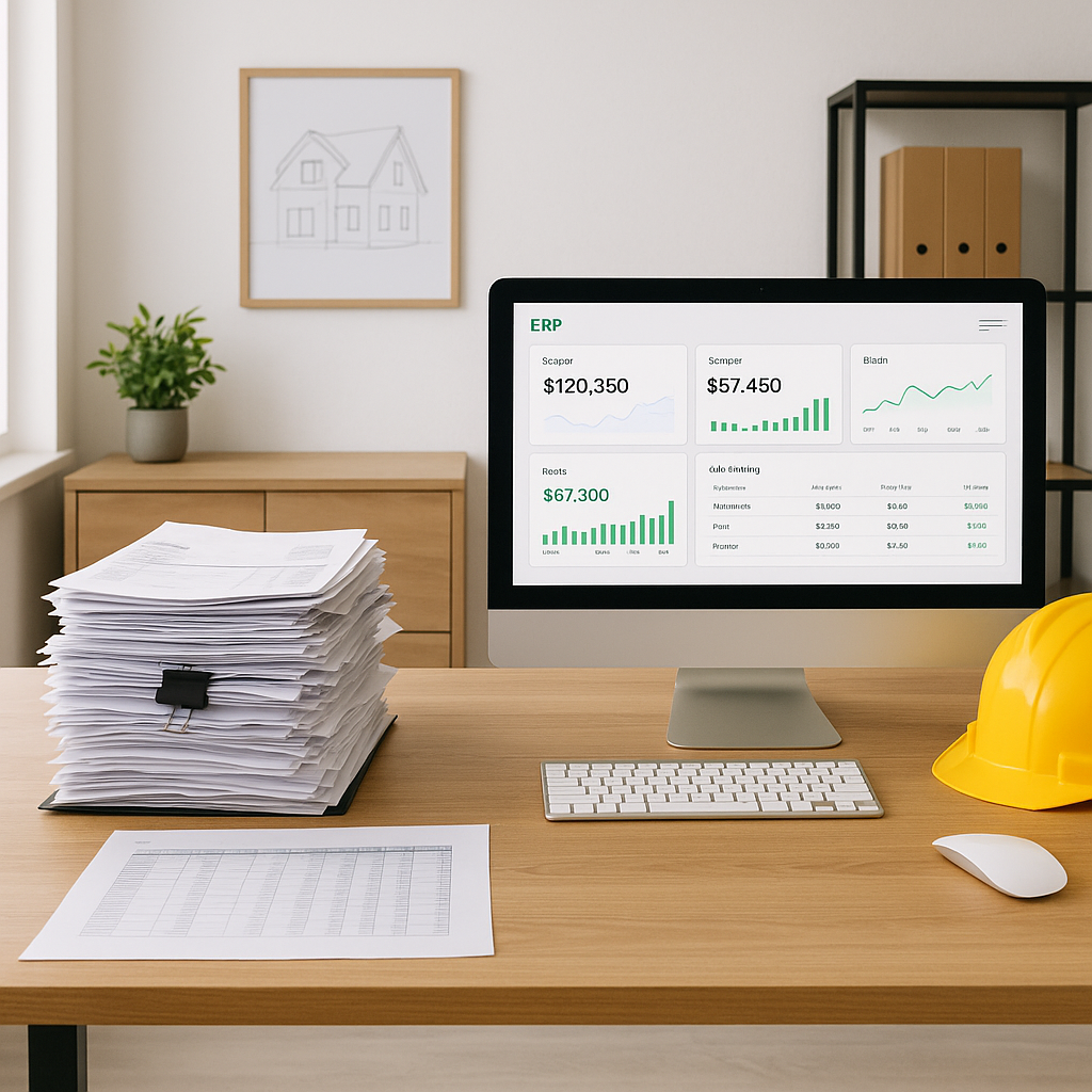A small construction contractor's office with piles of invoices and spreadsheets on one side and a sleek ERP dashboard o...