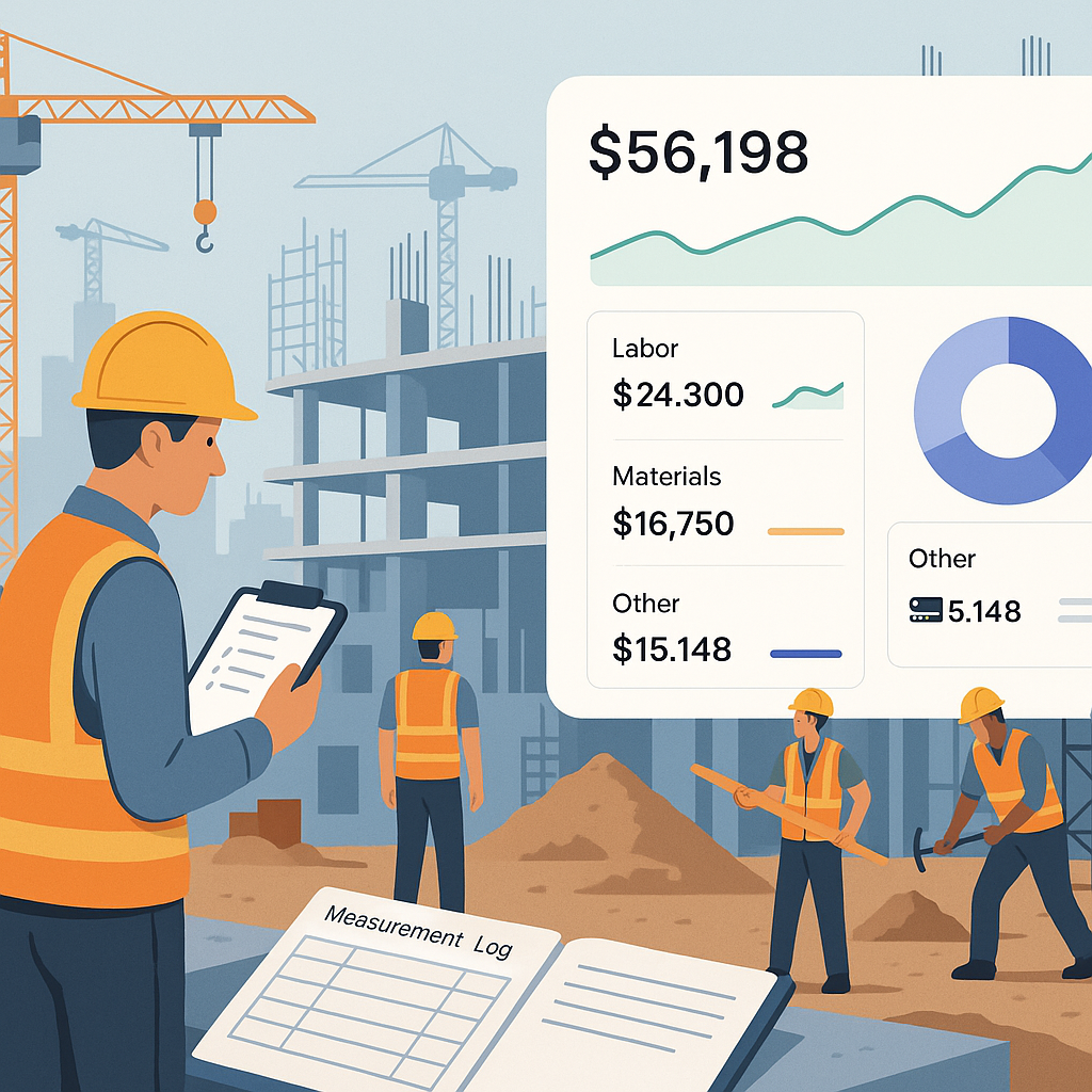 A detailed illustration of a construction site with workers, subcontractor measurement logs, and a digital dashboard ove...