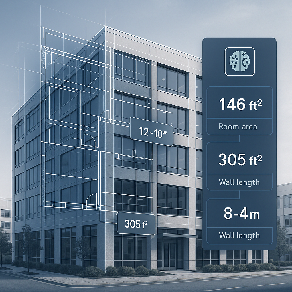A detailed blueprint overlaying a mid-rise office building, with an AI interface extracting quantities like room areas a...
