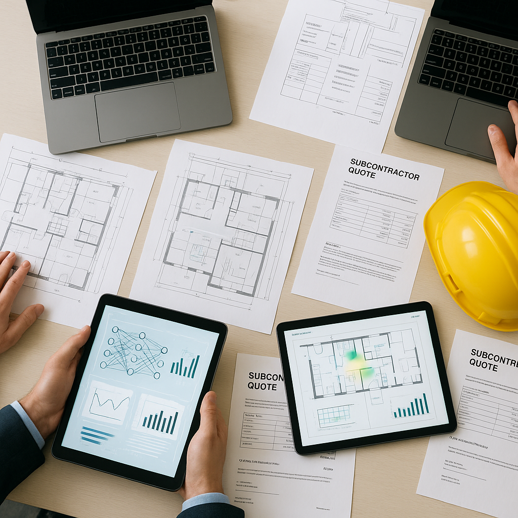 A construction bid meeting table with blueprints, laptops, and subcontractor quotes scattered, showing AI analysis overl...