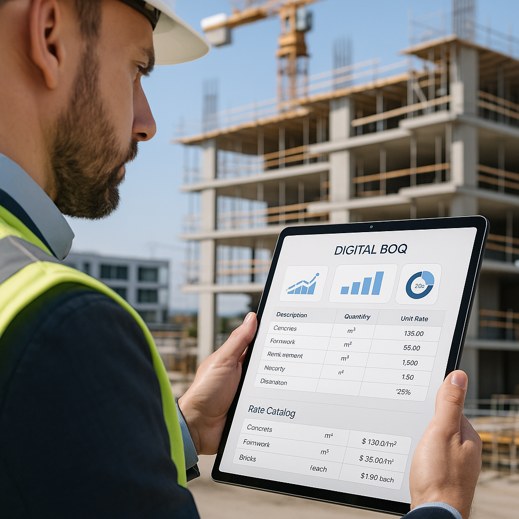 A construction estimator reviewing a digital BOQ on a tablet, with AI-powered graphs and rate catalogs displayed on the...