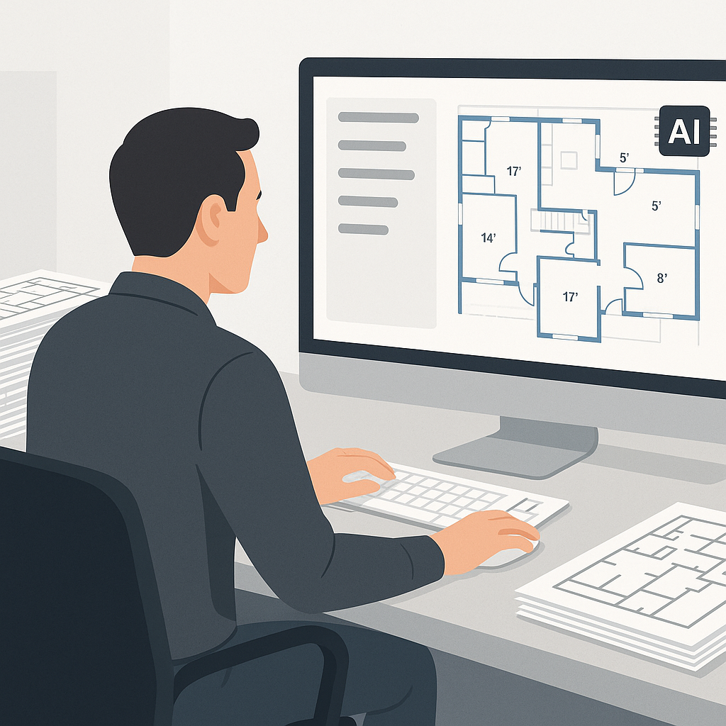 A detailed illustration showing an estimator sitting at a desk with stacks of paper plans on one side and a sleek comput...