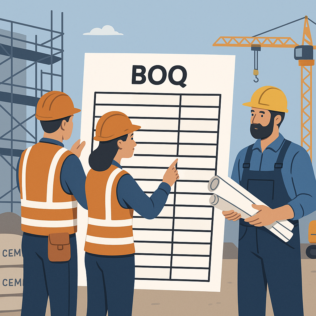 A detailed illustration of construction workers reviewing a large BOQ sheet, with cement bags, scaffolding, and machiner...