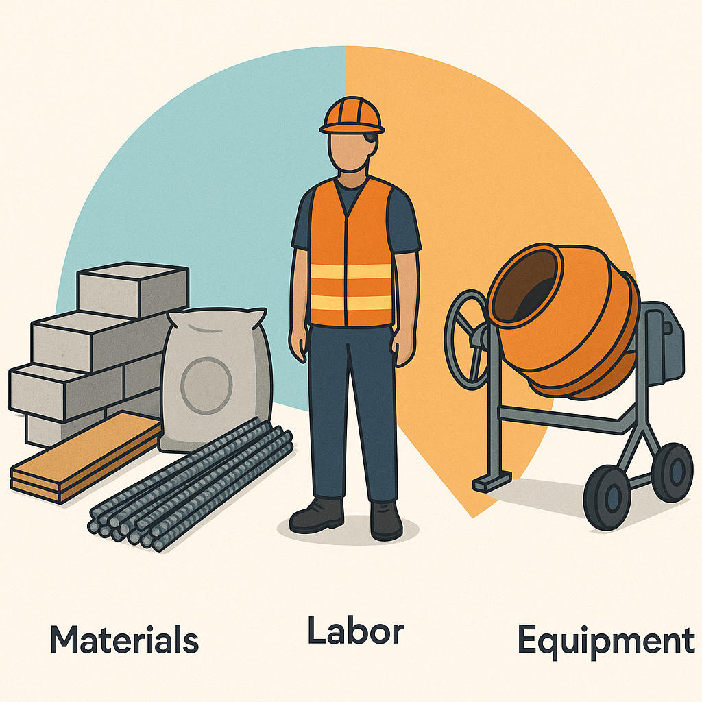 A detailed illustration of a civil works BOQ rate analysis breakdown, showing materials, labor, and plant costs visually...
