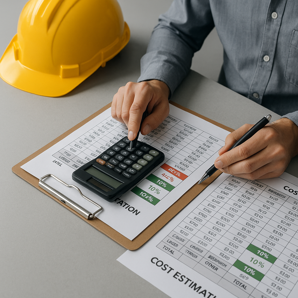 A detailed image of a contractor reviewing cost estimation spreadsheets, with markup percentages highlighted in red and...
