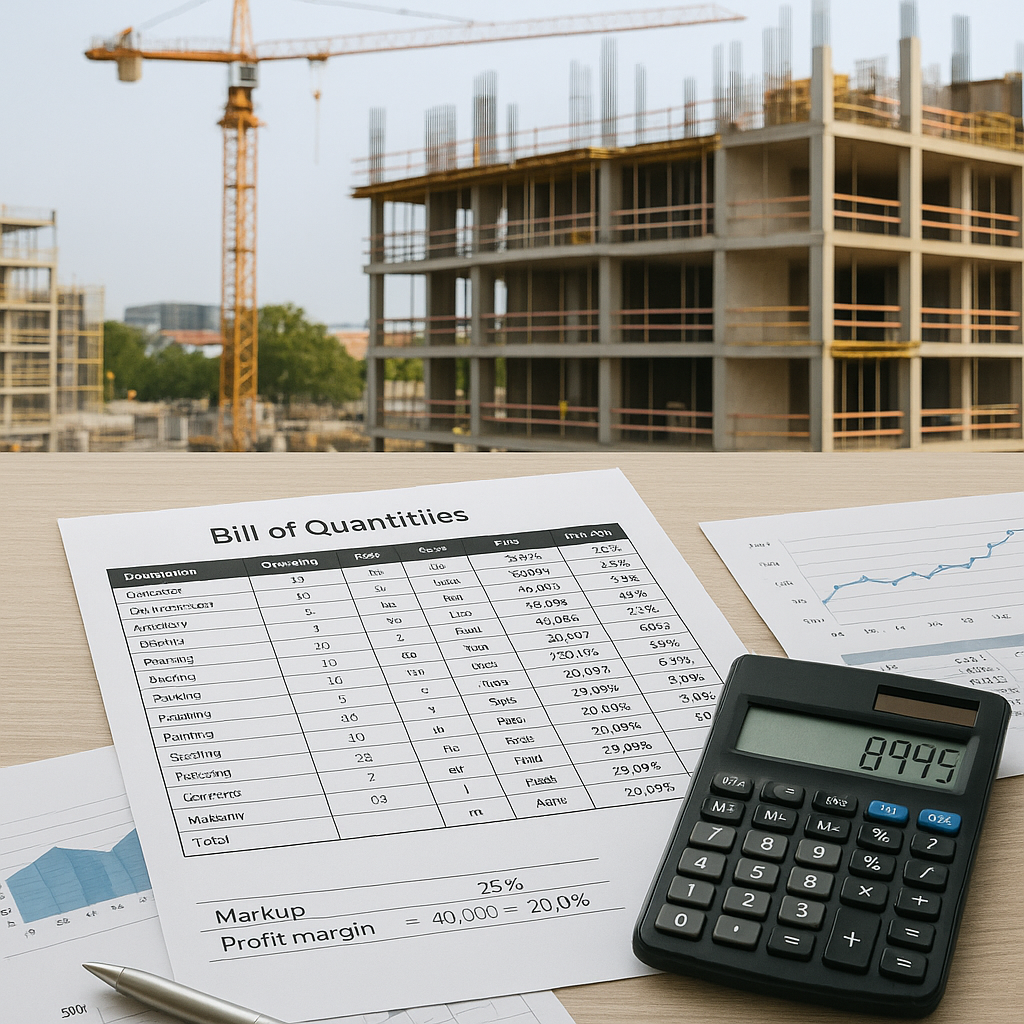 A construction site with a detailed BOQ spreadsheet and financial documents on a table, showing calculations for markup...