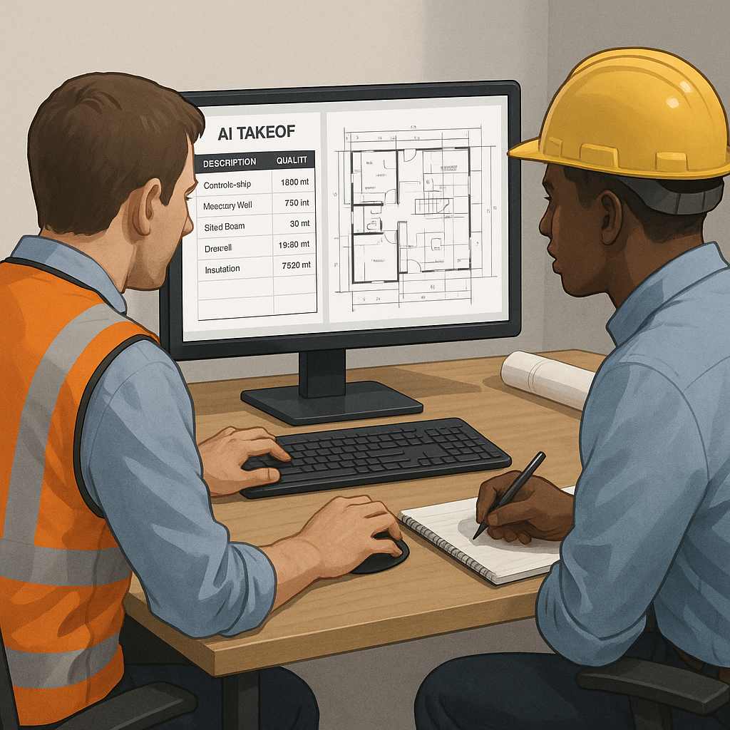A realistic illustration of construction estimators working at a desk, with AI-powered software on the screen, showing d...