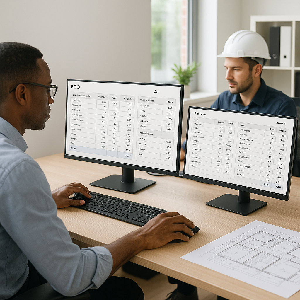 A realistic depiction of construction estimators using AI software at their desks, with screens showing BOQs and rate ma...