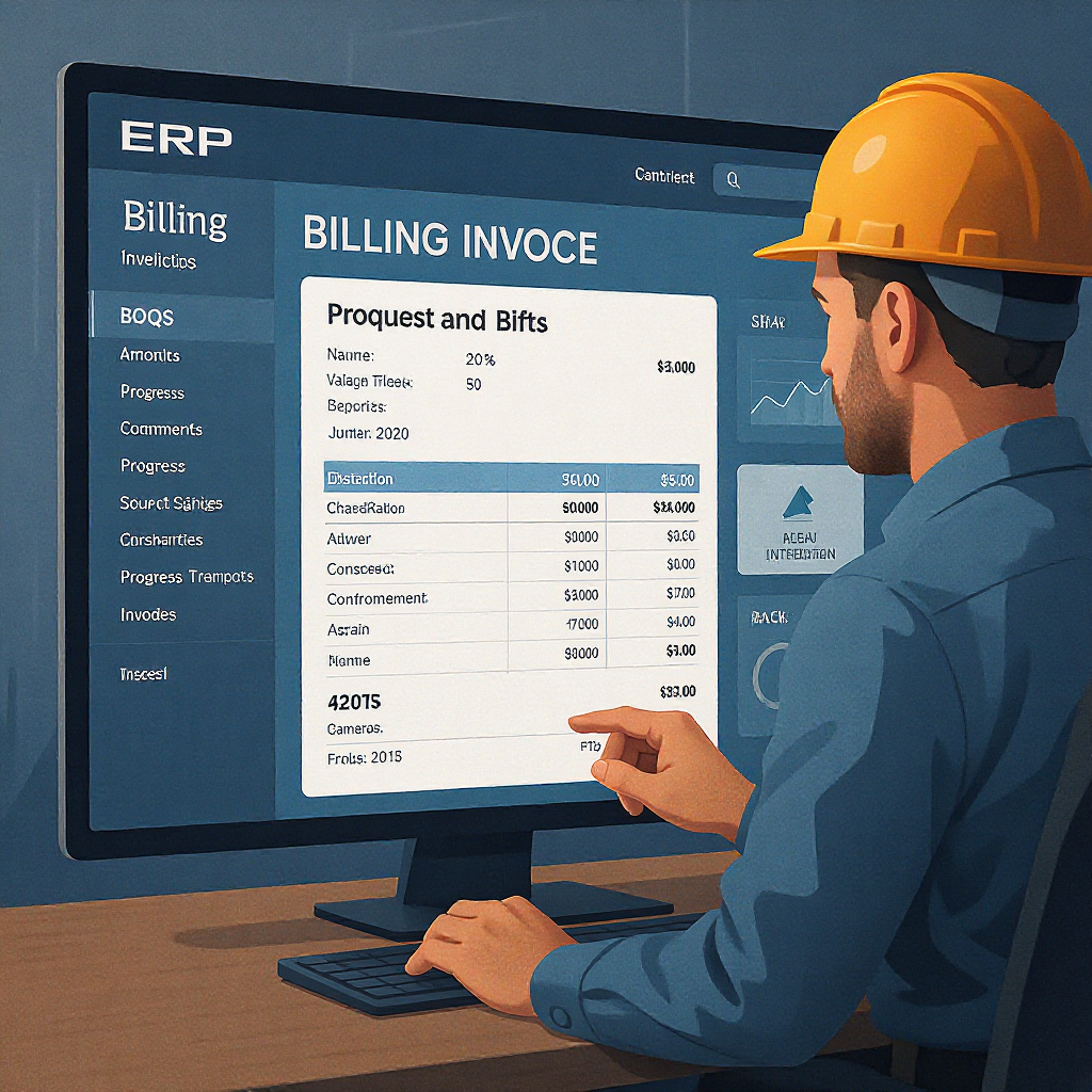 A detailed illustration of a construction contractor reviewing complex billing invoices on a sleek ERP dashboard, with e...