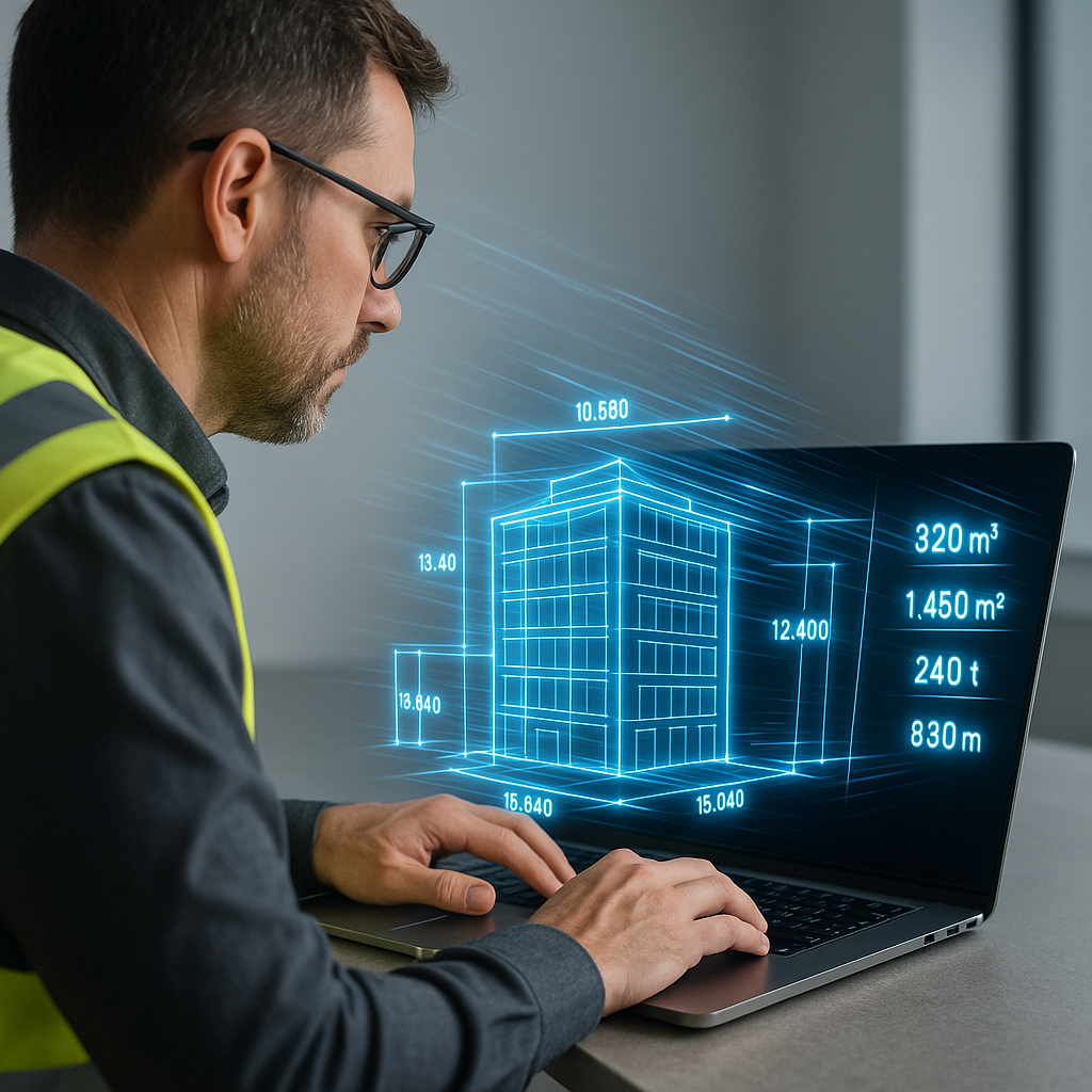 A construction estimator sitting in front of a laptop, with AI-generated building plans and quantities glowing on the sc...