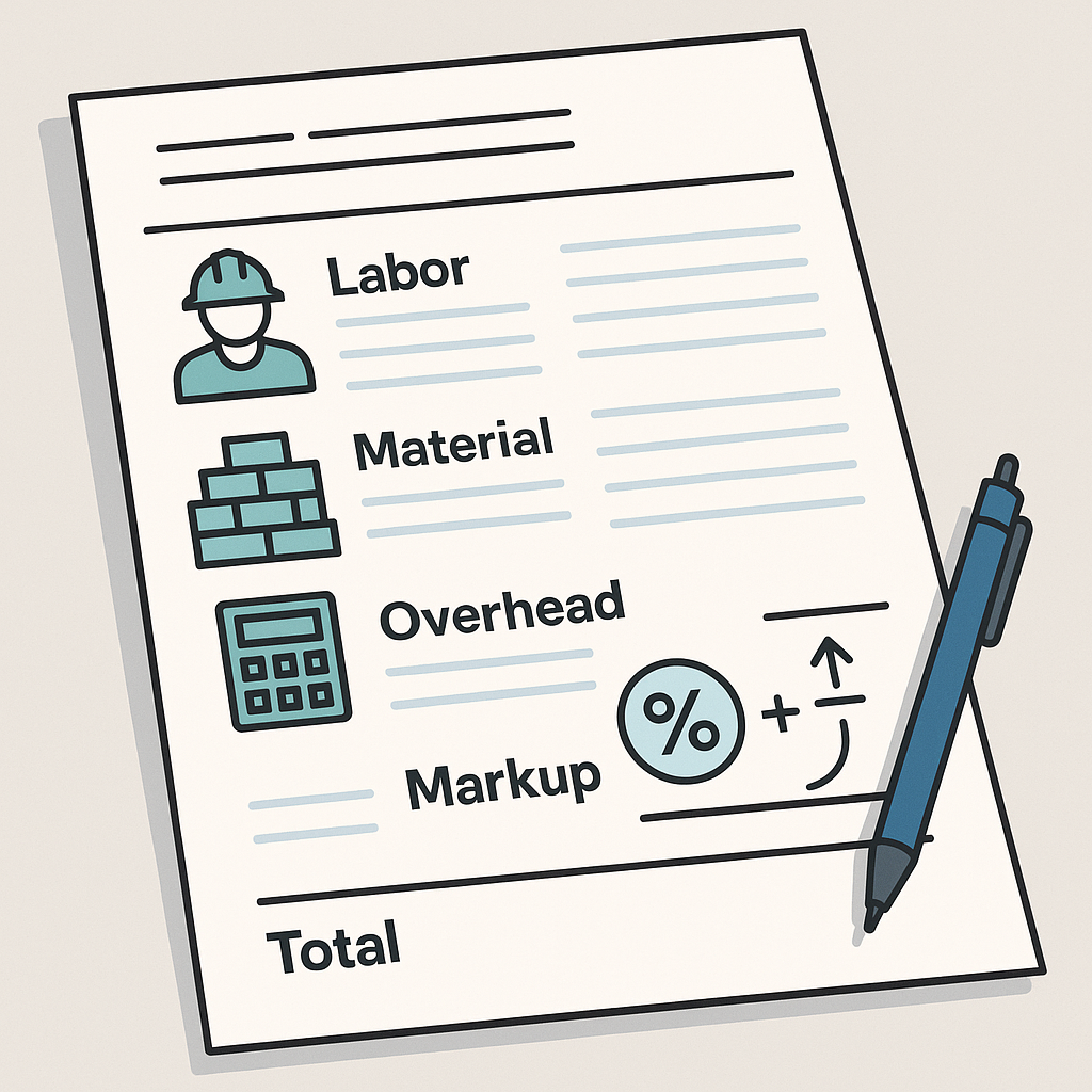 A detailed illustration of a construction bid sheet with markup calculations, showing a breakdown of labor, material, an...