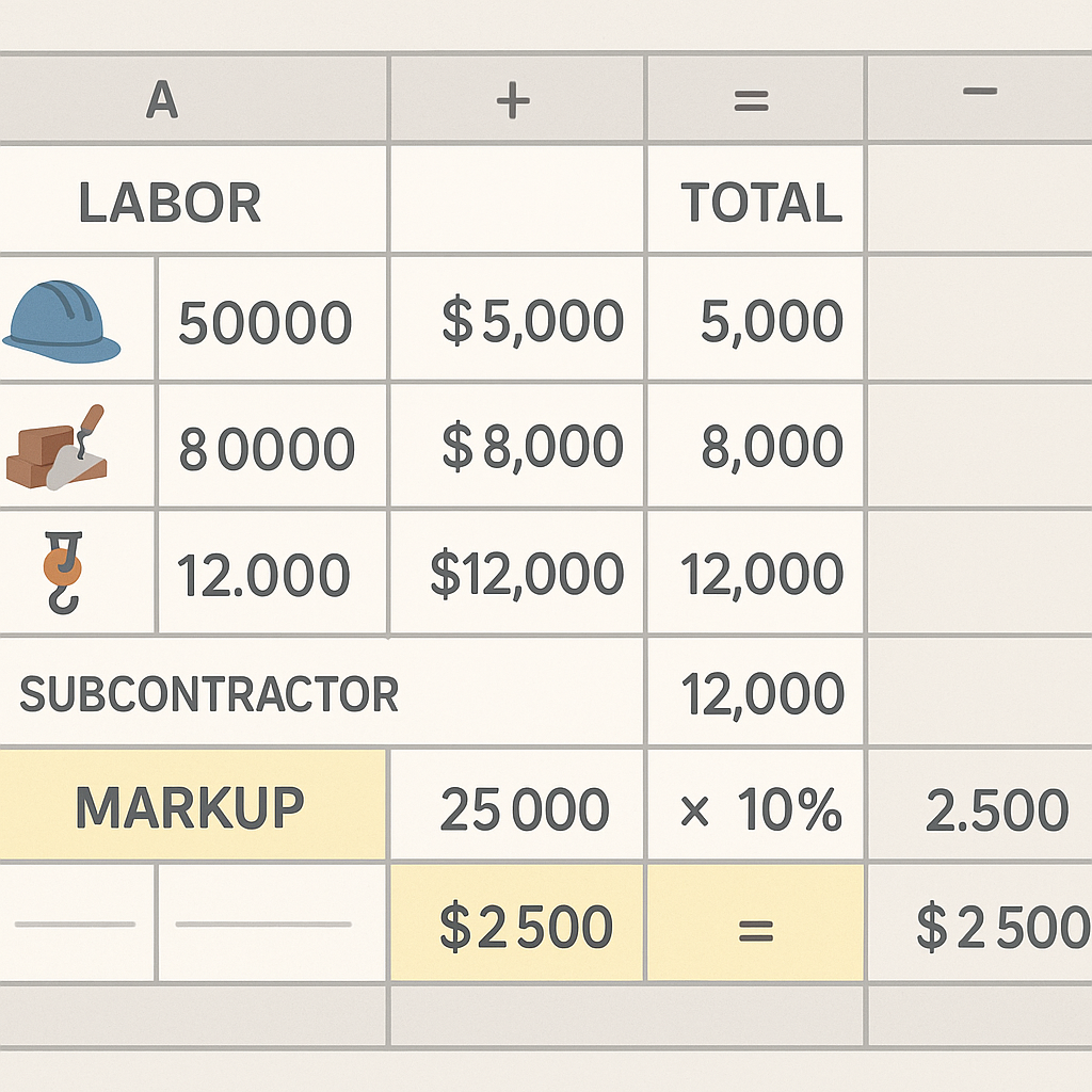 A detailed illustration of a construction bid spreadsheet with highlighted markup formula calculations, showing labor, m...