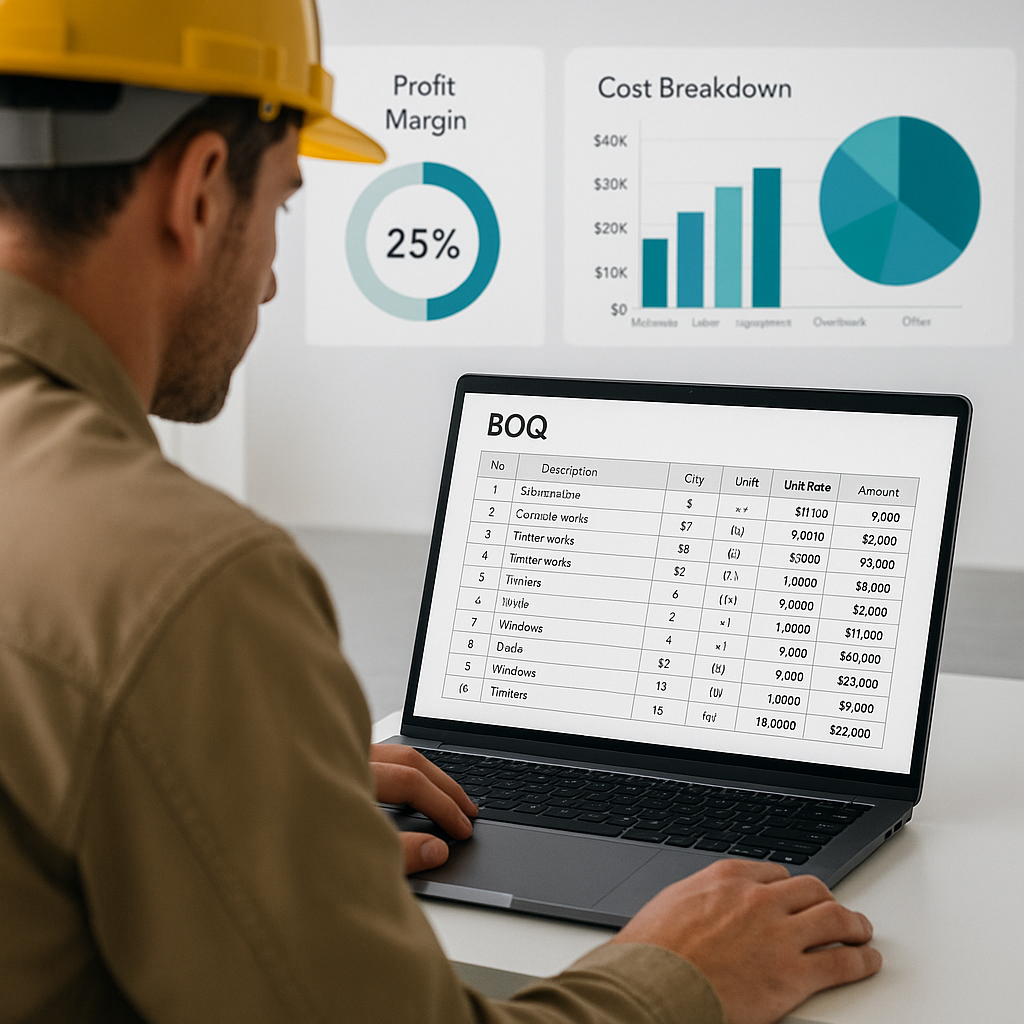 A contractor reviewing a detailed BOQ spreadsheet on a laptop, with a digital dashboard showing profit margins and cost...