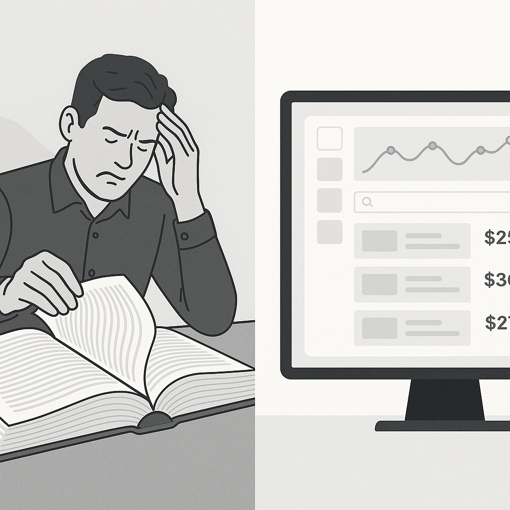 A split-screen image: one side shows an estimator flipping through a massive rate book in frustration, the other side sh...
