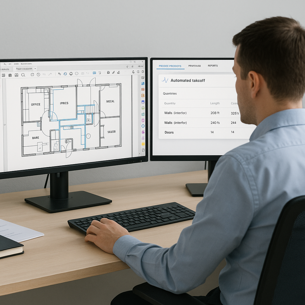 An estimator at a desk with a PDF drawing on one screen and an AI-powered software interface on another, showing automat...
