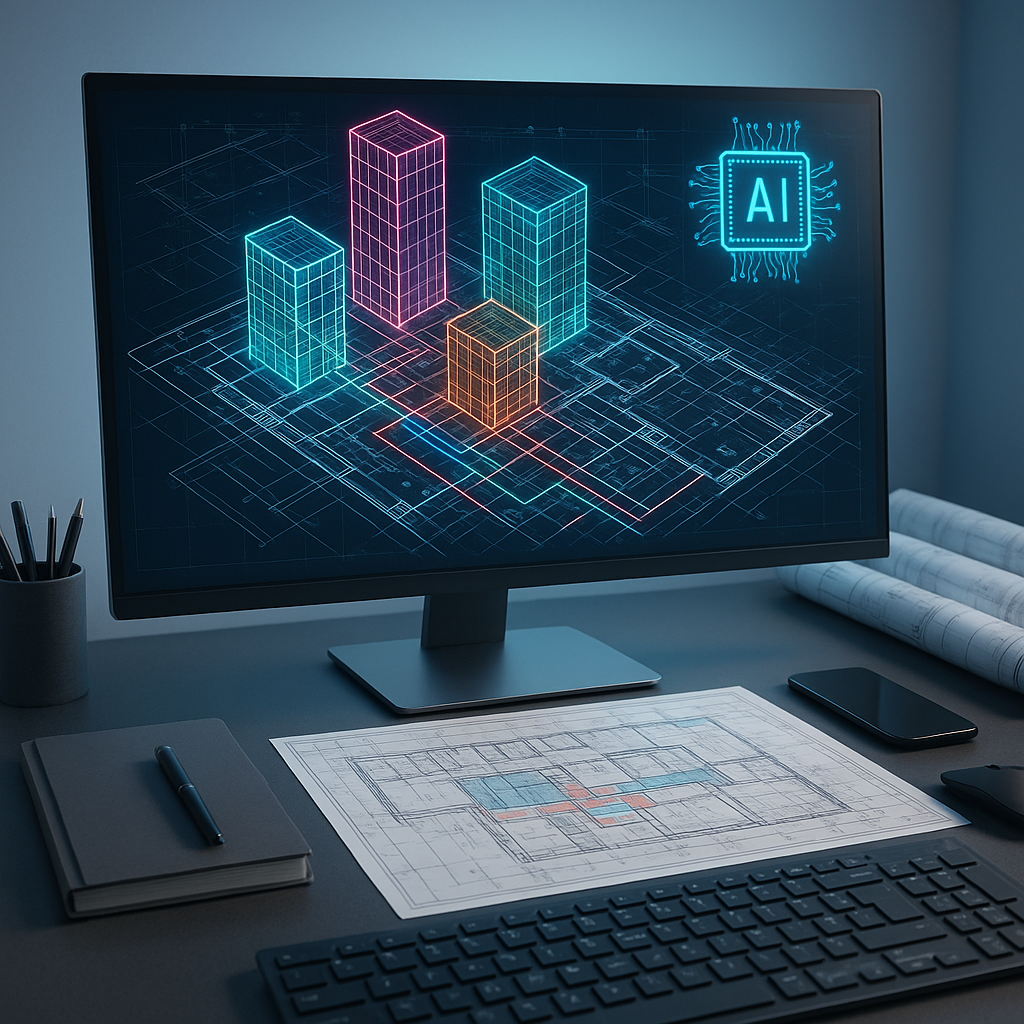 A futuristic construction estimator's desk showing AI-powered software analyzing complex building blueprints with vibran...