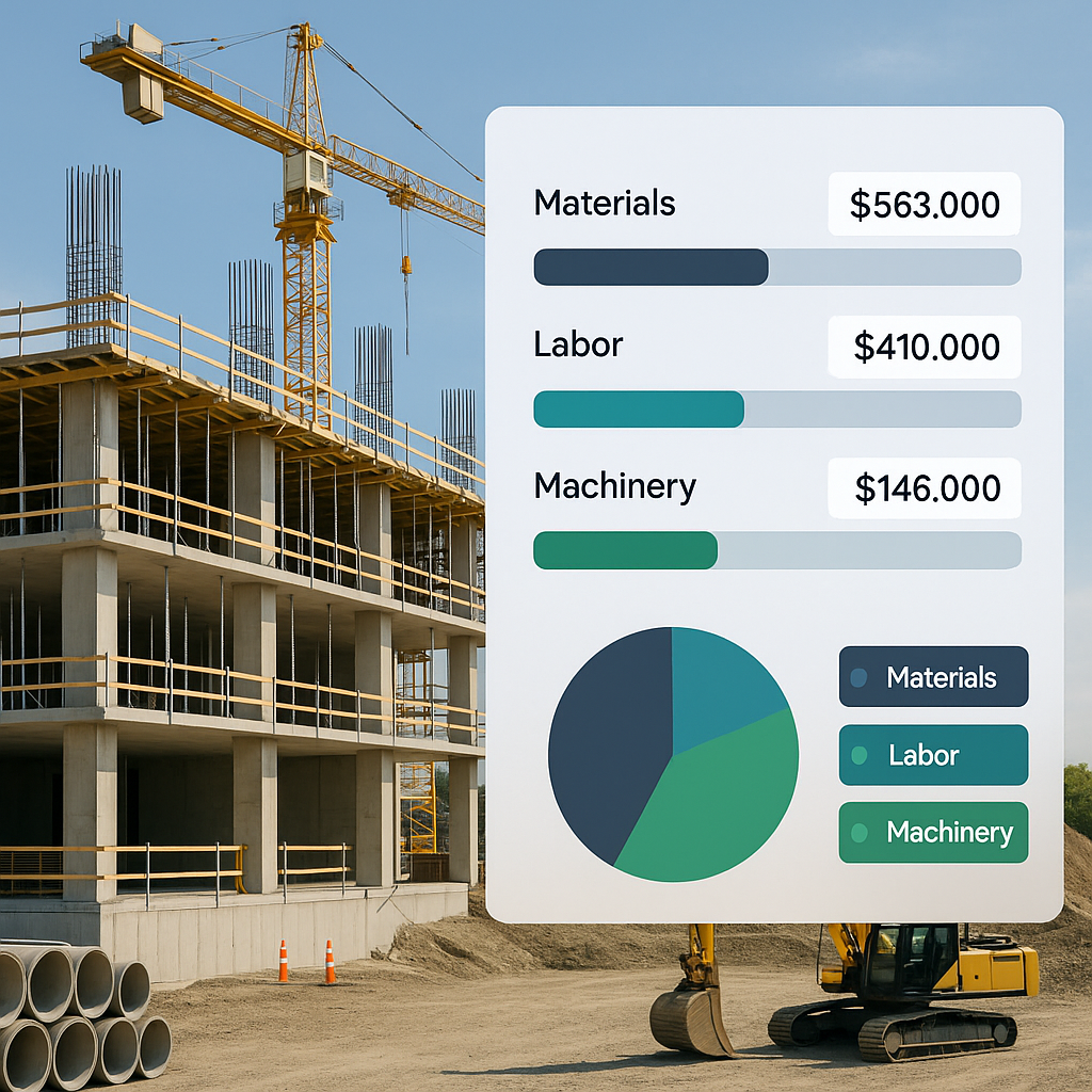 A construction site with detailed cost breakdowns displayed on a modern digital dashboard, including materials, labor, a...