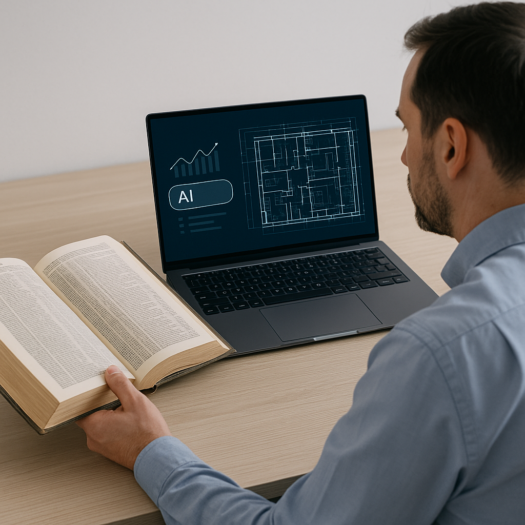 A construction estimator at a desk comparing a thick rate book to a sleek AI-powered laptop interface, with a digital bl...