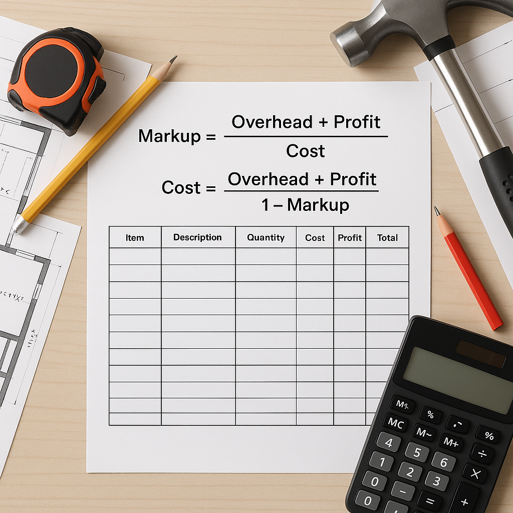 A construction project bid sheet with precise markup formulas overlaid on a desk with tools, blueprints, and a calculato...