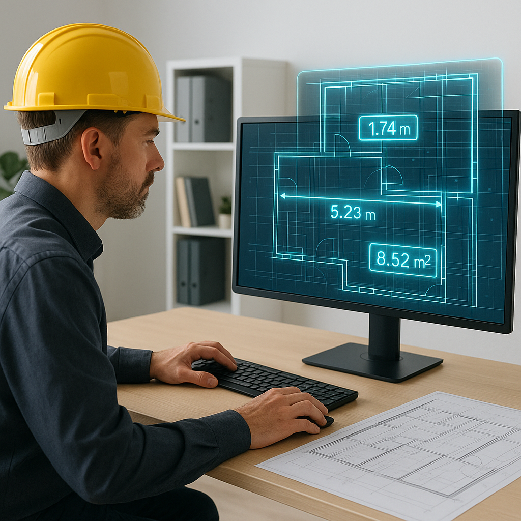 A construction estimator working on a computer, with AI visual overlays showing automated takeoff measurements on a blue...