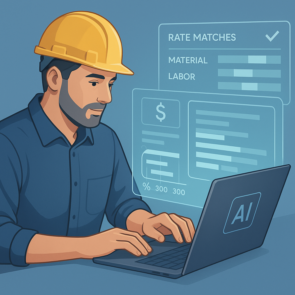A digital illustration of a construction estimator using AI software on a laptop, with a holographic overlay showing rat...