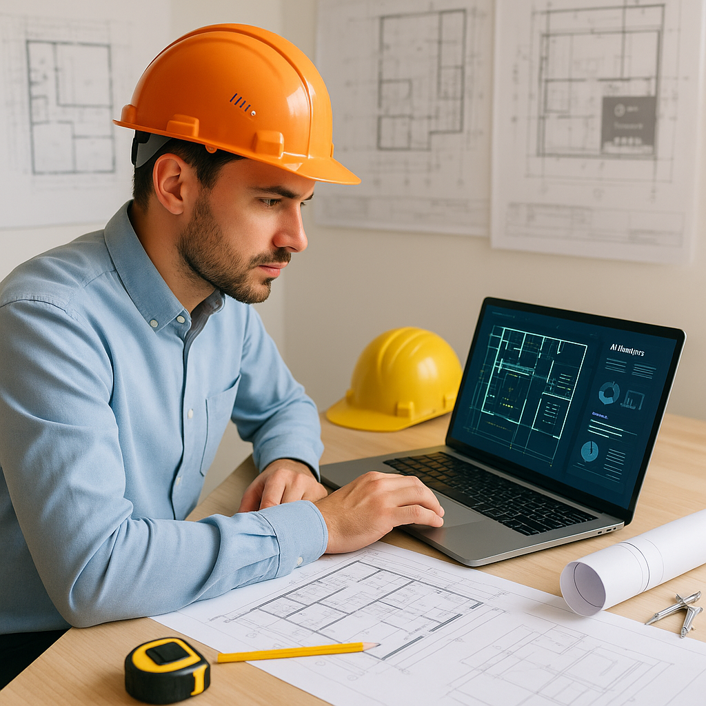 A construction project manager at a desk with a laptop, using AI-powered software to analyze blueprints digitally. Backg...