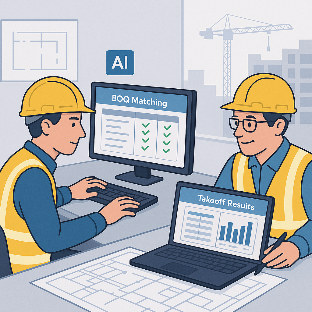 A detailed illustration of construction estimators working on a project, with AI-powered software on their screens showi...