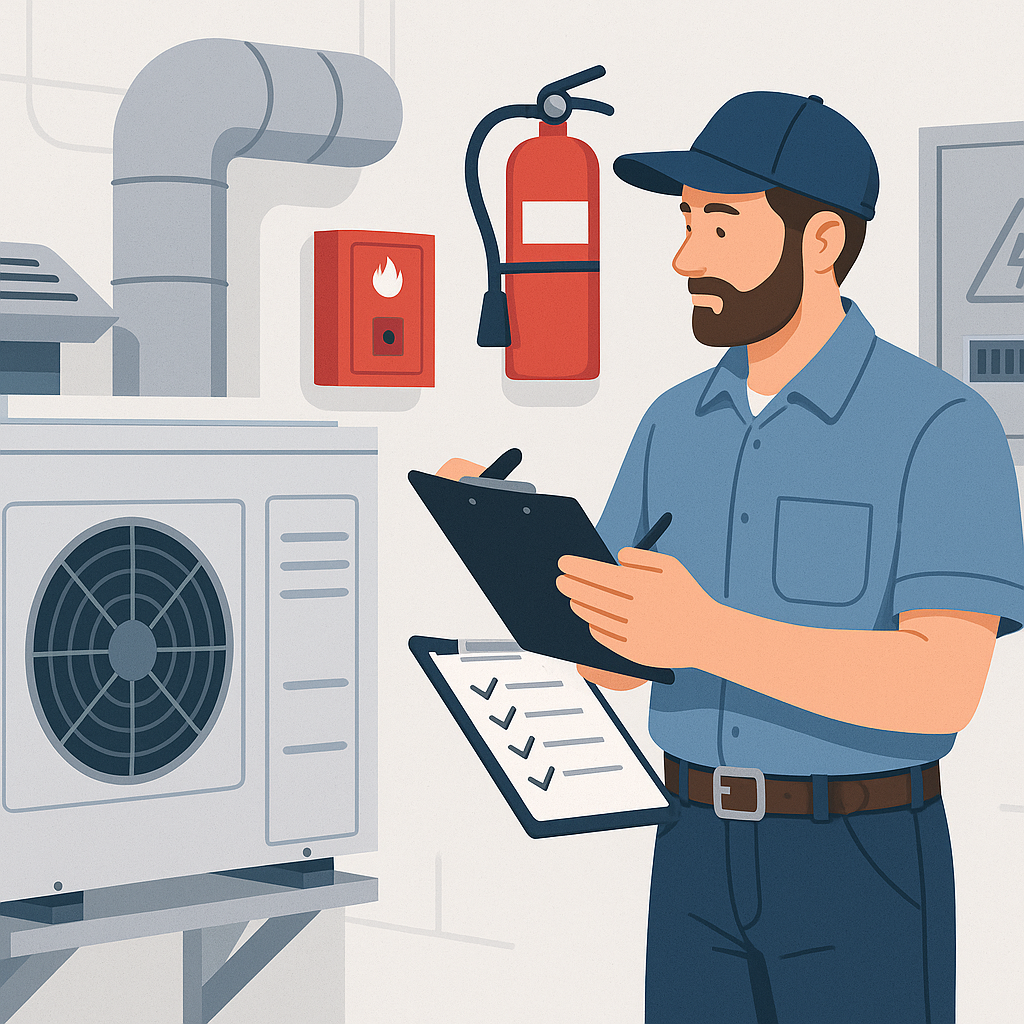 A detailed illustration of a contractor inspecting an HVAC unit with a checklist, surrounded by other assets like fire s...