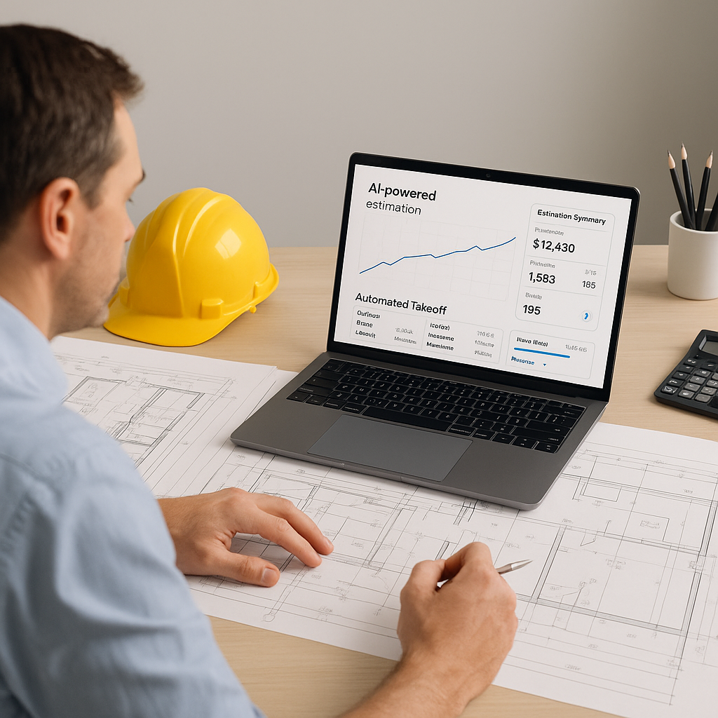 A construction estimator at a desk with blueprints and a laptop screen displaying an AI-powered estimation dashboard, hi...