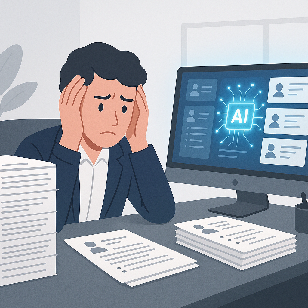 A stressed recruiter at their desk, surrounded by stacks of resumes, with a glowing AI-powered tool on their computer sc...