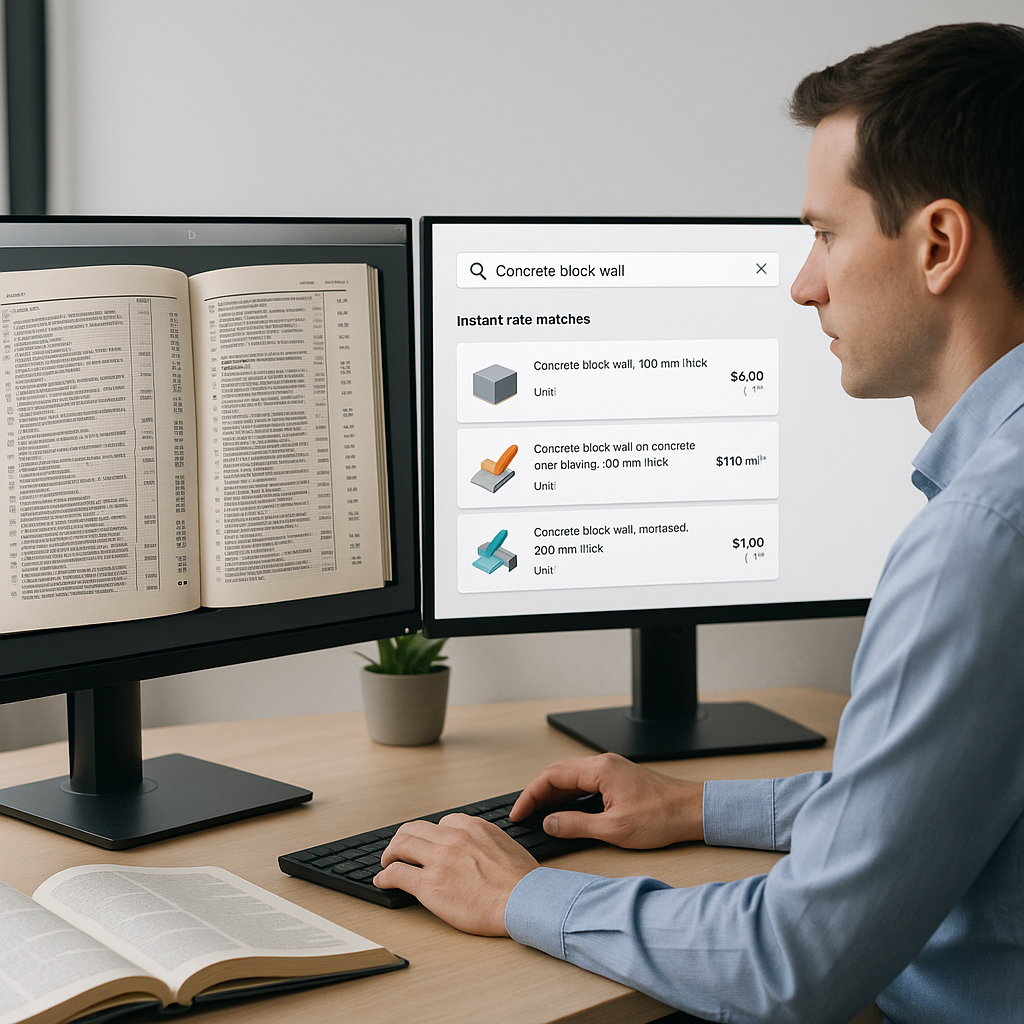 A construction estimator working on dual screens, one showing a cluttered rate book and the other an AI-powered software...