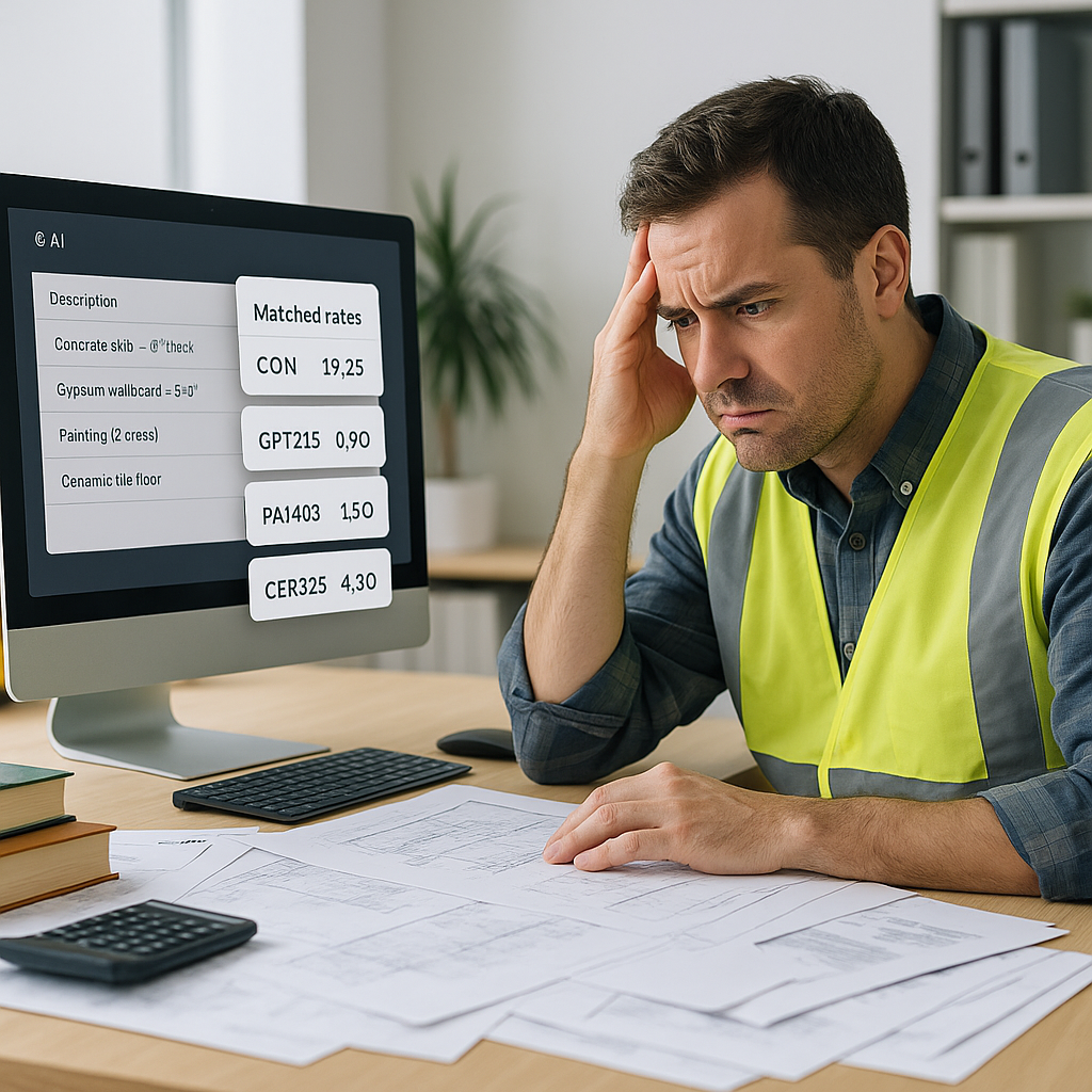 A construction estimator sitting at a desk cluttered with papers and rate books, looking frustrated, while a computer sc...
