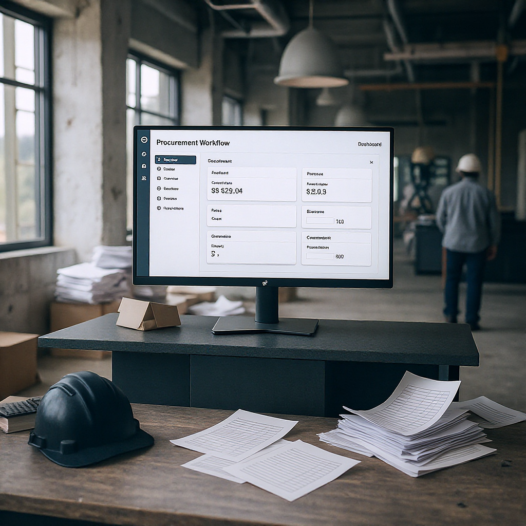A construction site office with a large monitor showing a dashboard of procurement workflows, surrounded by paper spread...