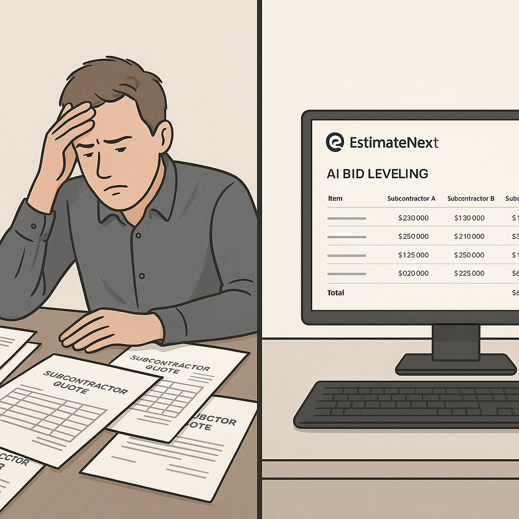 A side-by-side comparison image: on the left, a cluttered desk with printed subcontractor quotes and a stressed estimato...