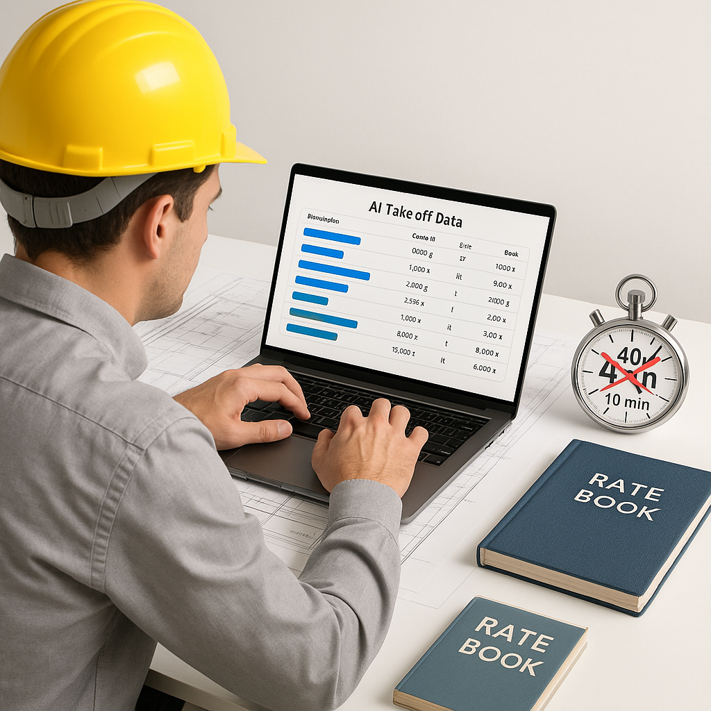 A construction estimator working on a laptop with AI-generated takeoff data displayed, surrounded by blueprints and rate...