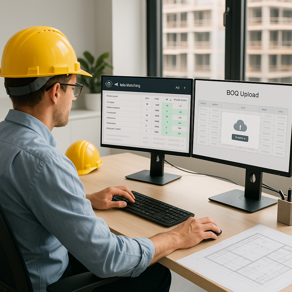 A modern construction office with an estimator using AI software on a dual-monitor setup, showing rate matching results...