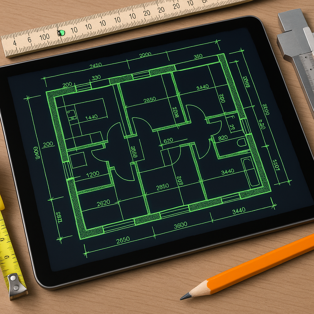 A detailed image of construction blueprints on a tablet screen, surrounded by measuring tools, with AI-generated annotat...