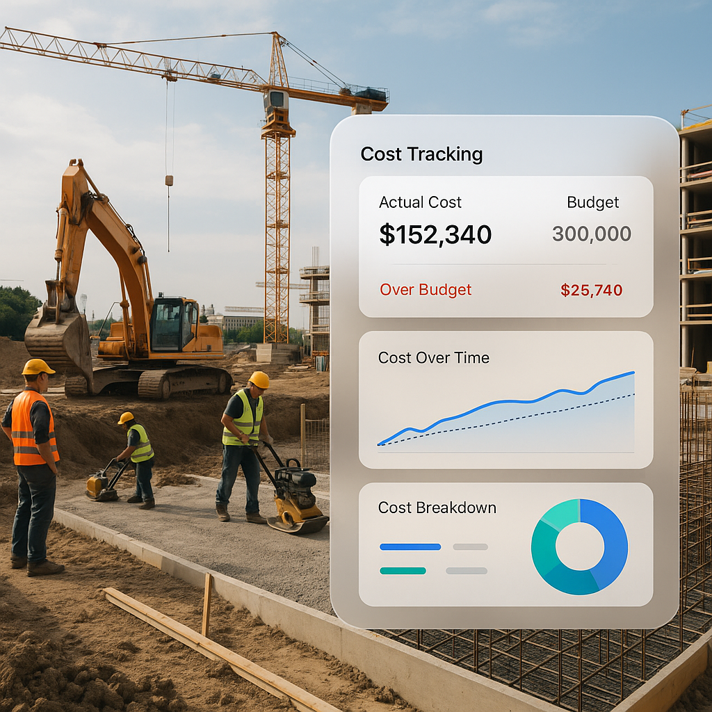 A construction site with workers and machinery, overlaid with a digital dashboard showing real-time cost tracking metric...