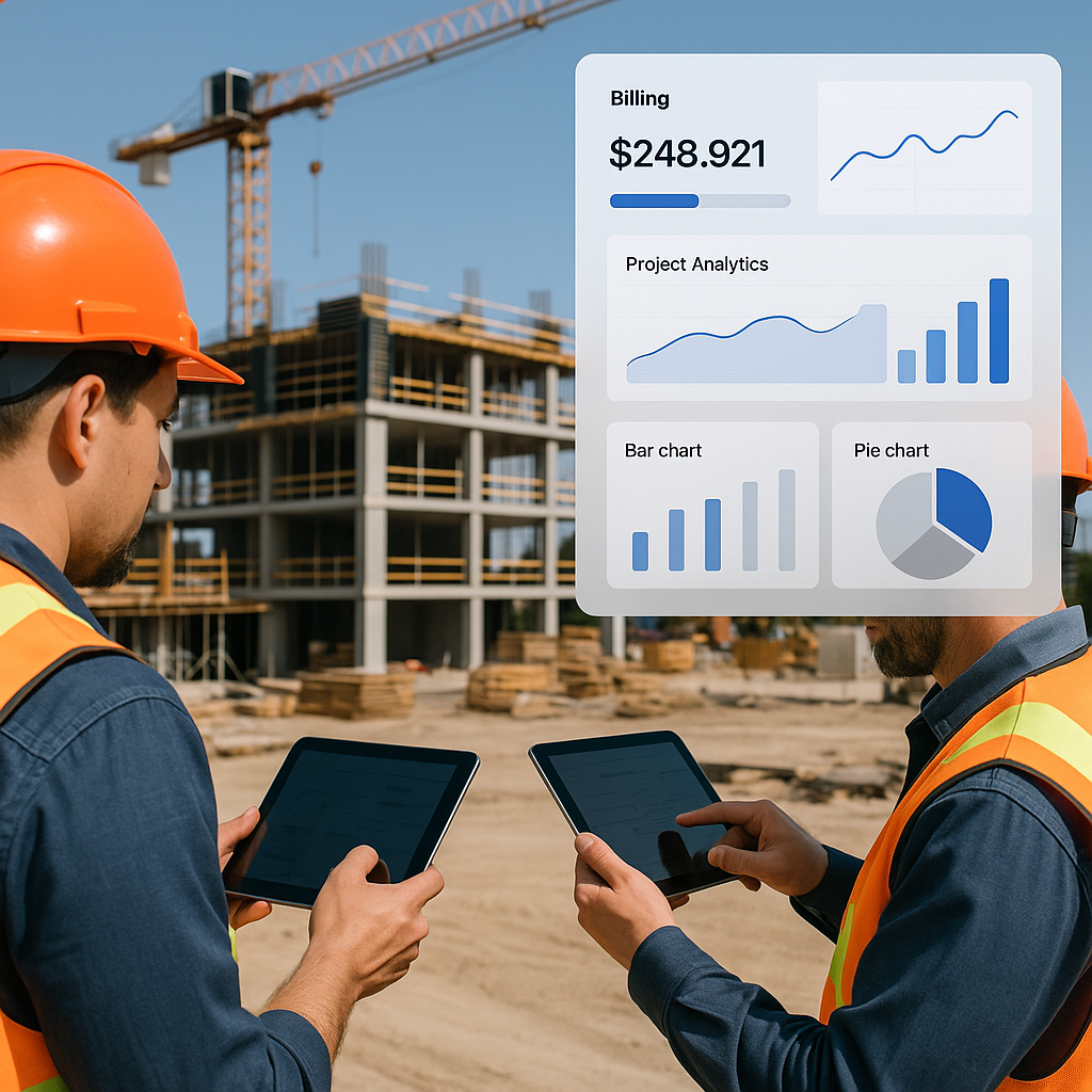 A construction site with workers using tablets to monitor project progress, featuring a digital dashboard overlay showin...