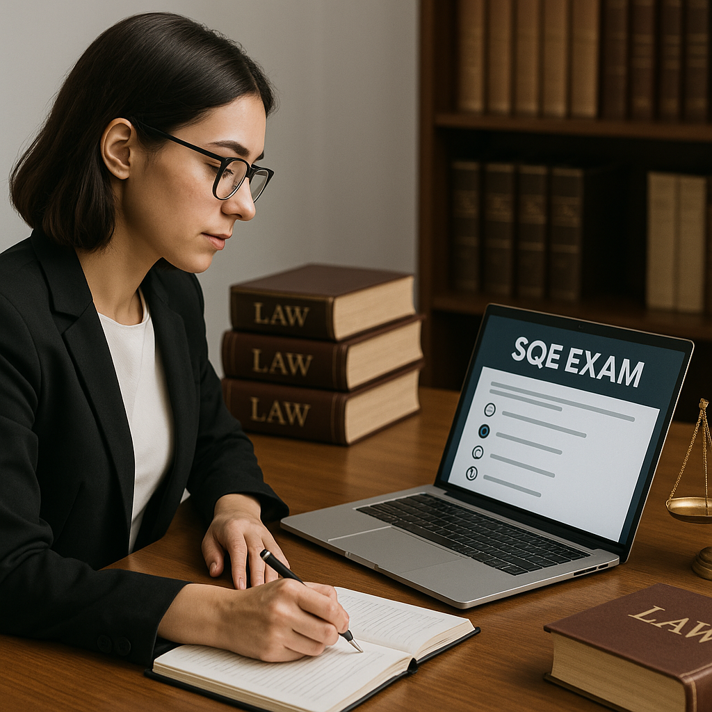 A visually striking image of a paralegal working at their desk, surrounded by law books and a laptop displaying a SQE ex...