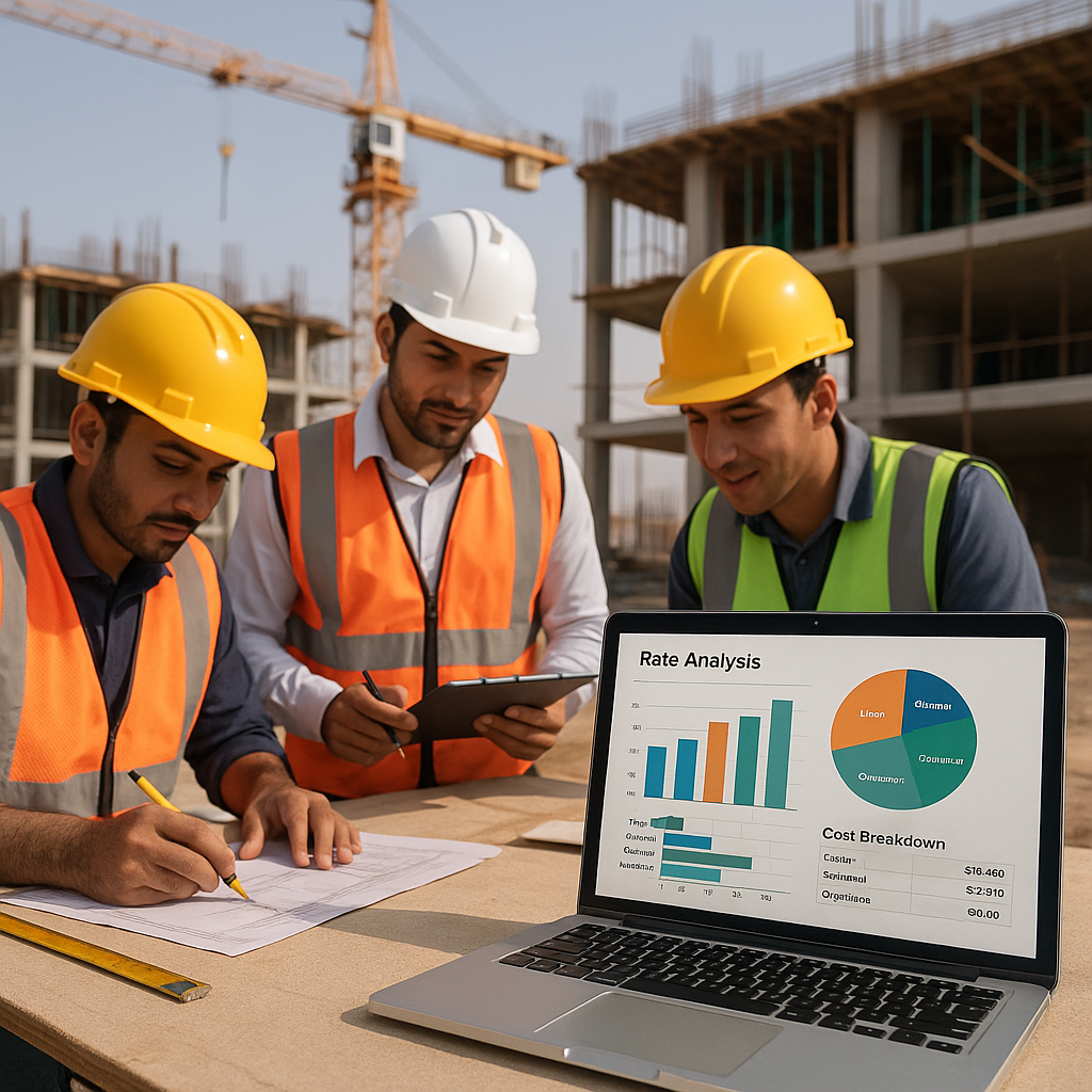 A civil engineering project site in GCC or India with workers calculating rate analysis. Include charts and cost breakdo...