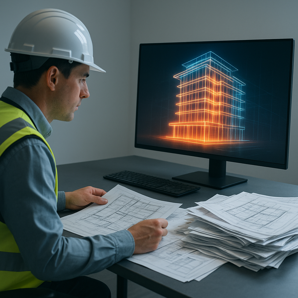 A construction estimator at a desk, comparing a glowing AI-generated digital building model on a screen with a messy sta...