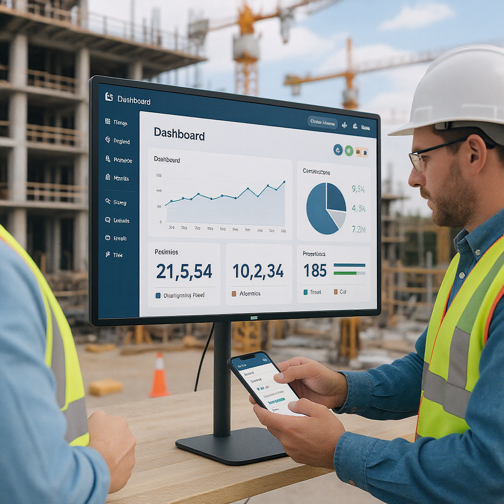 A construction site with workers using mobile devices to input data into a live dashboard, showing real-time project met...