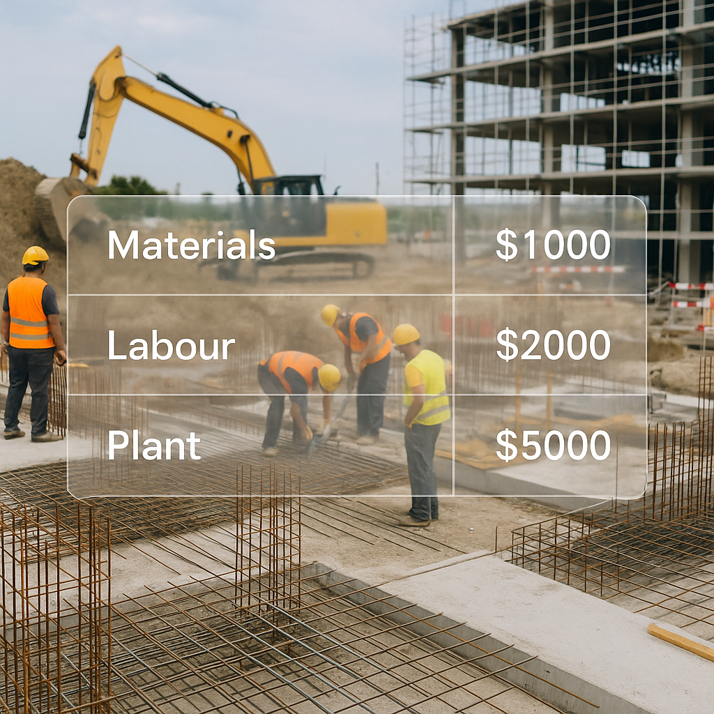 A construction site with workers and machinery, overlaid with a transparent cost breakdown table showing materials, labo...